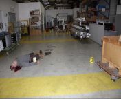 Obtained by FOIA, a 2017 photo of the crime scene at the Fiamma awning factory. John Neumann Jr., a disgruntled former employee, murdered 5 of his workers before fatally shooting himself. Neumann had been fired a few months before the shooting for stealin from the porn photo of the cartun