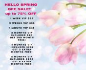 (Verified)?Hello Spring GFE Sale?Lets get to know one another over text and pics (sfw &amp; nsfw),have some fun with sexting and video calls?1 wk VIP &#36;25?2 wks VIP &#36;35?1 month VIP &#36;45?3 months VIP &#36;80?6 months VIP &#36;125?12 months VIP & from awenlis vip asodel