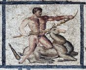 Roman mosaic showing Hercules who caught a Ceryneian Hind. It was a third labour of Hercules to bring an animal to Eurystheusking of Tyryns. Object is dated back to 170-180 CE and made of marble, terracotta, glass paste. Currenty located in Valencia Mu from dkmate hercules