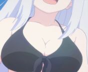 LF Color Source: 1girl, animation/animated gif, anime screencap, black bikini, bouncing breasts, breast focus, close-up, halterneck, head out of frame, large breasts, long hair, open mouth, sidelocks, swimsuit, upper teeth only, video, white hair from long hair open xvideo comdia fat omen