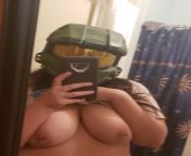 The Master Chief helmet stays on during sex from hot tattooed nerd gets cream pied by halo master chief
