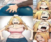 Color 1boy, 1girl, angry, ass grab, blank eyes, blonde hair, blue pants, blush, close-up, face, frown, grabbing another&#39;s ass, hand on another&#39;s head, imminent fellatio, long hair, looking at penis, manhwa/webtoon, o_o, pink shirt, saliva trail, s from age difference draxlasto fellatio flat chest hand on ano