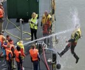 [50/50] Fireman mid-air as boy playing with fire-hose blows him off deck (SFW) &#124; Firemans despair as he pulls old lady out of a building that called the fire station too late (NSFL) from boy playing vk