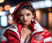 Cute woman with red dyed hair wearing a red and white puffer jacket from dyed hair leaked nude cute
