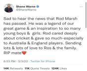The last tweet of Australian Cricketer Shane Warne paying condolences to another Cricketer Rod Marsh who died of a heart attack. Shane Warne would die of a heart attack less than 24hrs later. from cricketer chris gayle sexxy