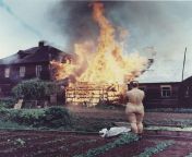 [History] A member of the Doukhobor religious sect watches a farm that was set on fire as part of a protest in Kateney in Vancouver, Canada, June 1963(nsfw) from sect
