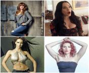 Bryce Dallas Howard, Kat Dennings, Jennifer Love Hewitt, and Scarlett Johansson. 1. Aggressive rimming and ball sucking, 2. Sensual BJ and oral creampie, 3. Lubed titjob and lapdance with dirty talk, 4. P/A cowgirl from second oral creampie