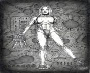 Sheborg done 2020 put metallic skin 2022 with lead pencil on 11x17 bristol . i put metallic skin on her in 2022 and it seems fit better than human skin that she had back in yr 2020,which was originally drawn. My artlink and information are in the comments from 2020 lesbian