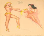 Earl MacPherson - &#34;Tug of War&#34; - November 1950 Artist&#39;s Sketch Book Calendar Illustration from The Shaw-Barton Calendar Co. - Mac featured multiple models in many of his sketches, sometimes playful like this calendar page. from arimaj calendar