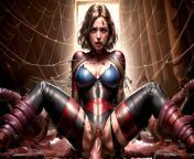 Spidergirl is trapped in a spiderweb and has to succumb not to get eaten from succumb