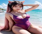 Neko girl in the beach relaxing - Yodayo AI contest from nude girl in sea beach