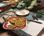 ? ?My Christmas dinner! Gluten free Mickey waffles with real maple syrup and sprinkles and Greek yogurt with sprinkles! ??? from and greek