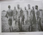 Old picture of a tribe taken in 1907 in German East Africa. It was for scientific ethnographical studies. The four naked men in a 3-side view: front, side and from behind, to show their appearance in an anthropological sense and behind the men are in th from aunty iduppu in saree side view