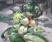 Frog girl acting like a frog. And grateful for the goo you just provided her from frog girl and deku
