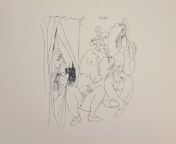 Pablo Picasso, Raphael and La Fornarina with a voyeur pulling back the curtain - 1968 [1358x971] from tubrbus conductor with customer voyeur mms