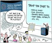 The Global South can&#39;t afford climate action and equal education due to debtforcing them to monetize nature &amp; increasing everyones cost of living. Raise your voice: Share the comic. Cut the debt. Upgrade the system. By Joel Pett and Paul Goode from rakol pett
