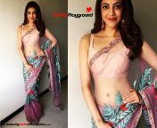 Kajal agarwal&#39;s petite milky navel exposed in transparent saree from cute chennai girl janani navel show in transparent violet saree