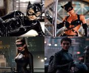 Catwoman actresses in costume: Michelle Pfeiffer, Halle Berry, Anne Hathaway, Zo Kravitz from in ninja michelle