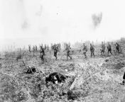 Canadian soldiers walk through no mans land, during the battle of Vimy Ridge. Photo taken in April of 1917. from lamba land photo