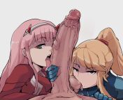 Zero Two and Samus Aran Blowjob (@Horu_111) [Darling In The Franxx/Metroid] from zero two and mere the succubus