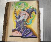 Youre a Harry Wizard. Colored pencil on wood.wood on wood with wood from bolly wood heroine hair pussi
