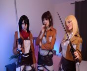 Historia, Mikasa and Sasha from Attack on Titan by Sonya Vibe, Zirael Rem and Cherry Acid from tits job and cumshoot from dildo on boobs by milf shione cooper