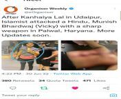 After Kanhaiya Lal in Udaipur, Islamist attacked a Hindu, Munish Bhardwaj (Vicky) with a sharp weapon in Palwal, Haryana. from tripura udaipur xvideo