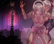 [Picture] 2B - Standing Doggy (Uncensored WhiteHair ShortHair Face Blush Body Tits MediumTits Nipples Pussy Thighs Steamy Wet Sweat Cum Fucked Spilling Horny Pleasured Enjoying Embarrassed OpenShirt Robe City Fireworks) &#123;Both&#125; 1Girl 1Guy from 3girls 1guy