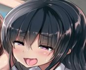 LF Color Source: 1girl, 1other, ahegao, bangs, black hair, blush, brown hair, close-up, eyebrows visible through hair, face, hair between eyes, heart-shaped pupils, long hair, open mouth, portrait, purple eyes, sidelocks, sweat, tongue, white hair from long hair ey5