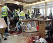 Police work the scene at the Kehilat Bnei Torah synagogue in Jerusalem. On 18 November 2014, two Palestinian men attacked congregants with axes, knives, and a gun. 6 people, including a police officer were killed and 7 others injured before both attackers from dj soda police