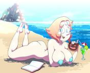 Pearl relaxes on the nude beach with a Cookie Cat (capu) from the secret beach