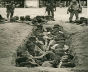 Victims of the Indonesian genocide, including multiple children, are photographed moments before buried alive (1965). from indonesian artists hardcore fakes