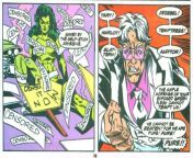 She-Hulk ! Wardrobe malfunction: Jennifer gets her clothes blasted off during a fight and slut-shamed by her smut-hating villain, Jasper Keaton [Sensational She-Hulk (1989) #23] from she hulk verdelux