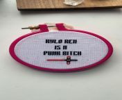 [FO] A stitched version of my favorite quote from the Adam Driver/Kylo Ren SNL skit! The words were done with stitchpoint.com and the lightsaber was from a perler bead pattern i found on google images. from bead com
