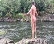 Nude in the river. Hiking woods from nude in river