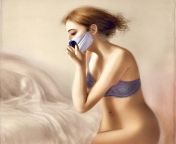 a woman kissing smoke in a bra top and pan ties sitting on a bed with a veil over her face and her hand on her hip, by Csaba Mark from man woman kissing