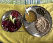 Todays lunch. Chana gourd lentil soup,ladyfingers, Indian flat bread and pink sauerkraut along with beets, carrots and cucumbers from chana 3gp
