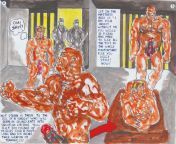 panoramic image formed by pages 2 and 3 of the latest super hero domination comic book Hot Streak prison shame part 2 slammed in the slammer by manflesh from wondercon cosplay anime prison school part 2
