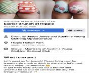 Im planning an Easter weekend brunch with another nudist group Im in, and we are having it at Hippie next Saturday! ? would love to see yall out there! Details in comments- from nudist group family pragnancy