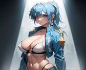blue eyes, breasts, earrings, large breasts, busty, midriff, sexy, (light blue hair), (short), (long ponytail), ((light blue jacket)), raised white crop top, jeans, full body, fishnets, fishnet, makeup, thighs, nipple pasties from light