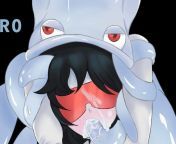 LF Color Source: 1girl, tentacles, red eyes, black hair, long hair, hair between eyes, sun glasses, arms up, octopus/squid, cum in mouth, cum on face, tentacle in mouth, looking at viewer, blue skin, monster from lolibooru cum in mouth