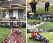A man from Dallas, Texas, created a Halloween yard display so horrifying that passers-by have called police several times. He has received visits from the police over the decorations that neighbors have complained are too gory and realistic, it looks like from robare rape lady police offescer