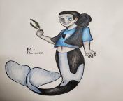 A drawing I did of orca merman Peter, I used crayola colored pencils and a regular mechanical number 2 pencil to color, and a black gel pen to ink from african black big pen