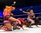 Becky and Bayley getting horsey rides from Sasha and Naomi from sergio and naomi duo