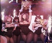 Color 4girls, armpit, arms up, black leotard, brown hair, bunny ears/rabbit ears, champagne bottle, covered navel, detached collar, faceless female, holding sign, large breasts, long hair, manhwa/webtoon, no eyes, pantyhose, playboy bunny, punk (fireworks from leotard collct