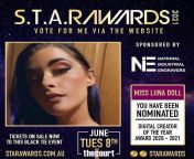 Woke up to a nomination for the STAR Awards, which is Australias Strip Tease Artist Recognition award ceremony ?? Vote for Me as your Digital Creator at starawards.com.au ?? use Luna Doll for the Creator Name and Facebook Name sections ?? from mansiji creator