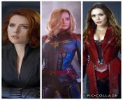 Choose APM for Avengers girls while theyre in costume: Scarlett Johansson (Black Widow), Brie Larson (Captain Marvel), Elizabeth Olsen (Scarlet Witch) from elizabeth olsen scarlet which boobs