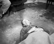 The body of Heinrich Himmler lying on the floor at British 2nd Army HQ after his suicide on 23 May 1945 from hq 03