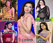 Choose any two for 3some one in pussy &amp; one in ass (Jennifer(Roshan bhabhi),Neha mehta(Anajli bhabhi),Munmun dutta(Babitaji), Sonalika(Madhvi bhabhi), palak(Sonu) Comment your choice from madhvi madhav