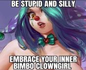 Color &#34;Be stupid and silly embrace your inner bimbo clowngirl&#34; 1girl, aqua hair, bowtie, clown, clown nose, green hair, hair over one eye, hat, jester cap, large breasts, long hair, looking at viewer, makeup, meme, open mouth, orange eyes, purplefrom indiyan hair pussyprinka chopr